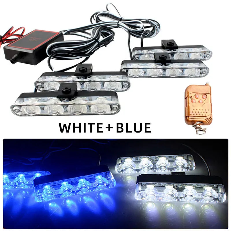 Car Front Grille Strobe Police Lights 4 In 1 Red Blue Flash Warning Emergency Lamp With Wireless Remote Control for Truck Van