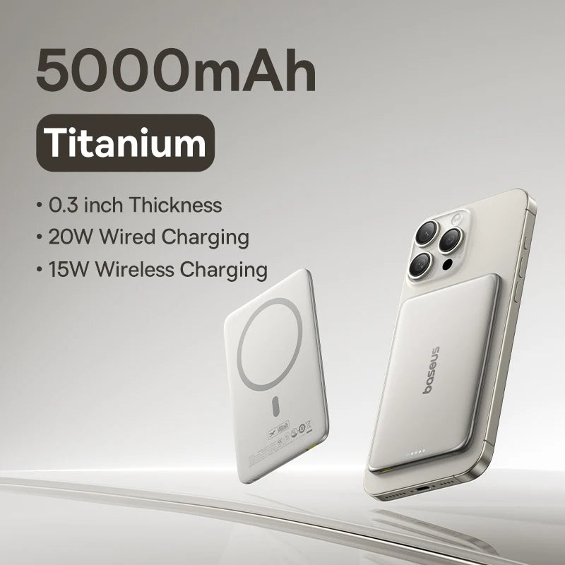 Baseus 5000mAh Magnetic Power Bank 15W Wireless 20W Wired Charging Thin Card-Sized Slim Portable Powerbank for iPhone 17 Samsung