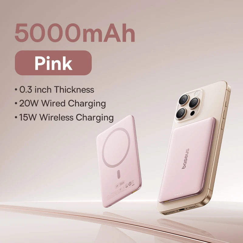 Baseus 5000mAh Magnetic Power Bank 15W Wireless 20W Wired Charging Thin Card-Sized Slim Portable Powerbank for iPhone 17 Samsung