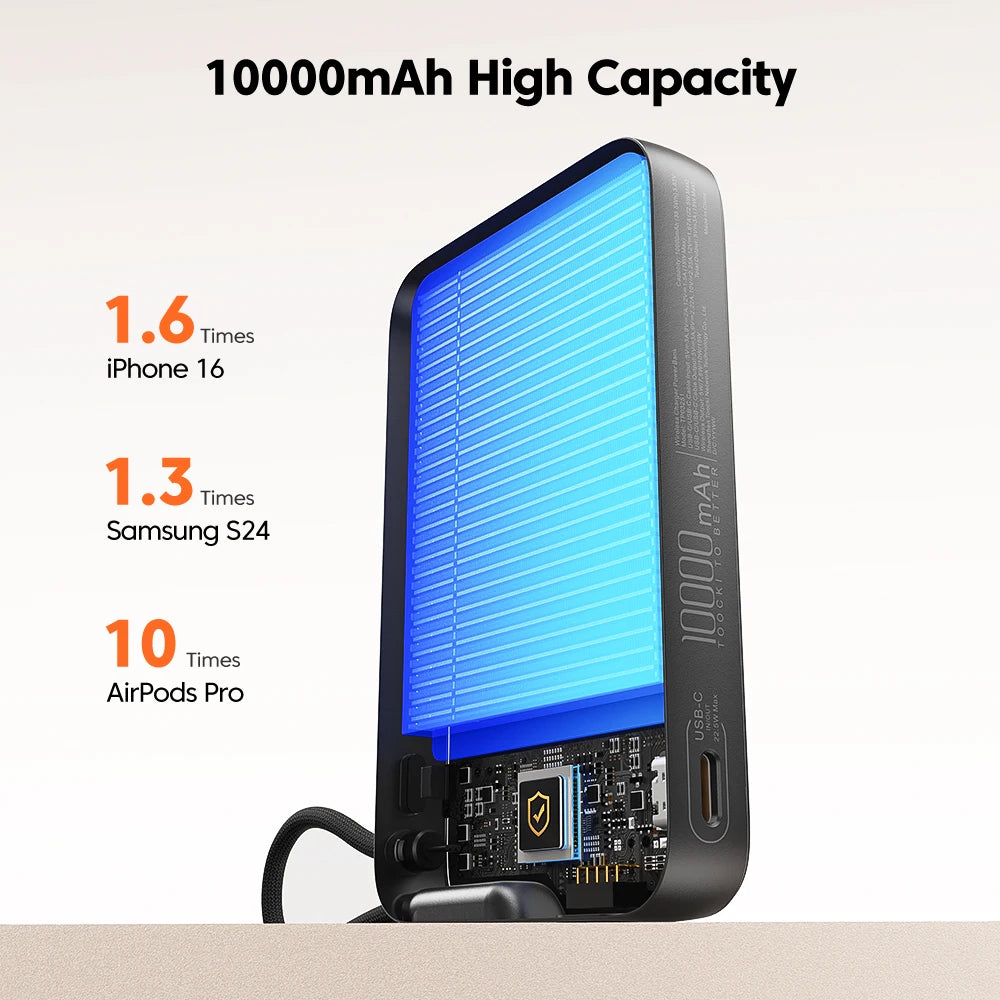 Toocki 10000mAh Magnetic Powerbank With Type C Cable 22.5W Fast Charging LED Display Power Bank For iPhone 14 15 16 Samsung S23