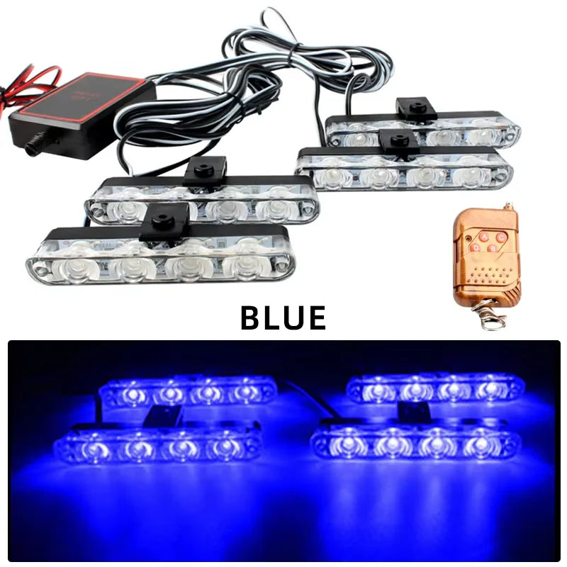 Car Front Grille Strobe Police Lights 4 In 1 Red Blue Flash Warning Emergency Lamp With Wireless Remote Control for Truck Van