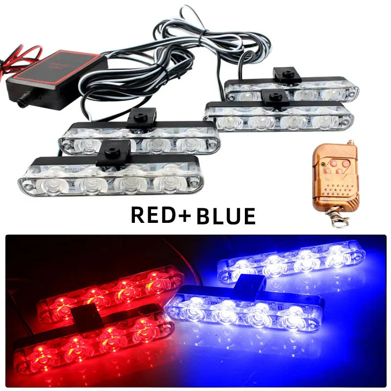Car Front Grille Strobe Police Lights 4 In 1 Red Blue Flash Warning Emergency Lamp With Wireless Remote Control for Truck Van