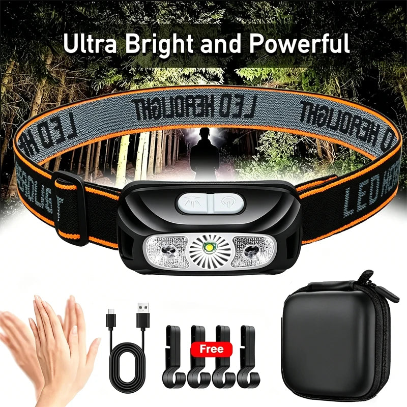 Strong Light Headlamp Portable LED Sensor Headlamp USB Rechargeable Head Flashlight Outdoor Camping Fishing Emergency Lantern