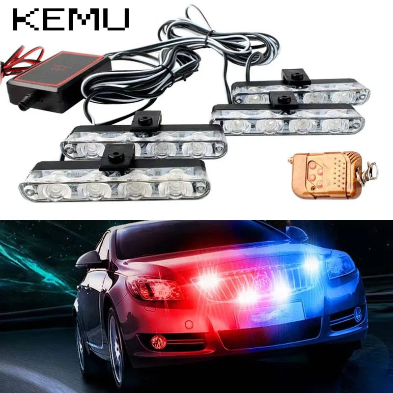 Car Front Grille Strobe Police Lights 4 In 1 Red Blue Flash Warning Emergency Lamp With Wireless Remote Control for Truck Van