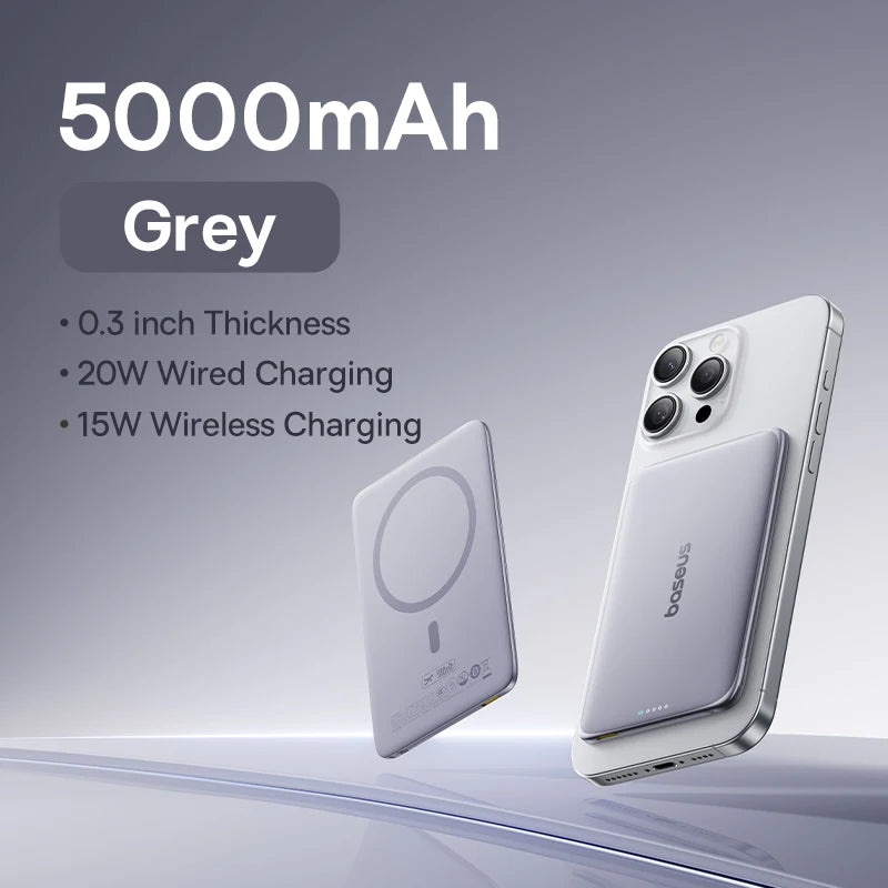 Baseus 5000mAh Magnetic Power Bank 15W Wireless 20W Wired Charging Thin Card-Sized Slim Portable Powerbank for iPhone 17 Samsung