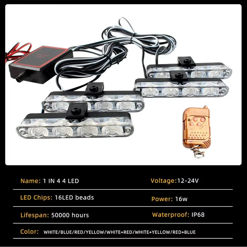 Car Front Grille Strobe Police Lights 4 In 1 Red Blue Flash Warning Emergency Lamp With Wireless Remote Control for Truck Van
